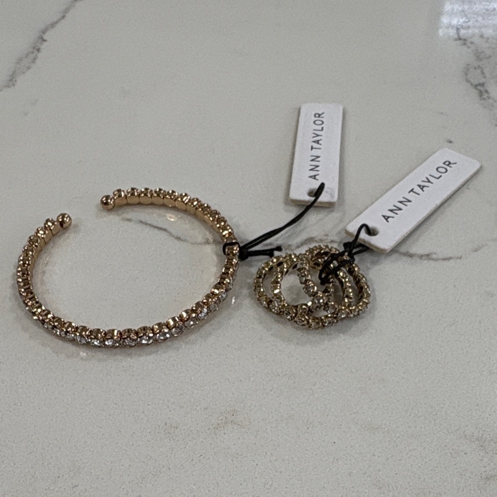Ann Taylor Gold & Rhinestone Bracelet and 3 Rings Set